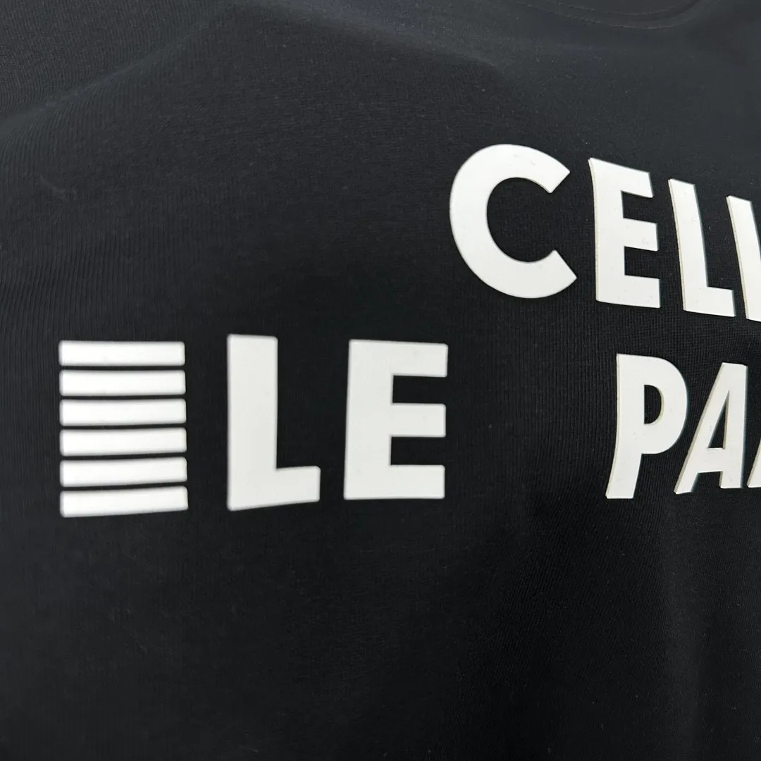 🅿️180 Celi*ne Celin 2025 spring and summer style simple letters three-dimensional silicone technology personalized logo customized double yarn plain cotton fabric short-sleeved T-shirt for men and women. Size: S (90-130 catties) M (120-150 catties) L (140-165 catties) XL (160-180 catties) XXL (180-210 pounds) Color: black white