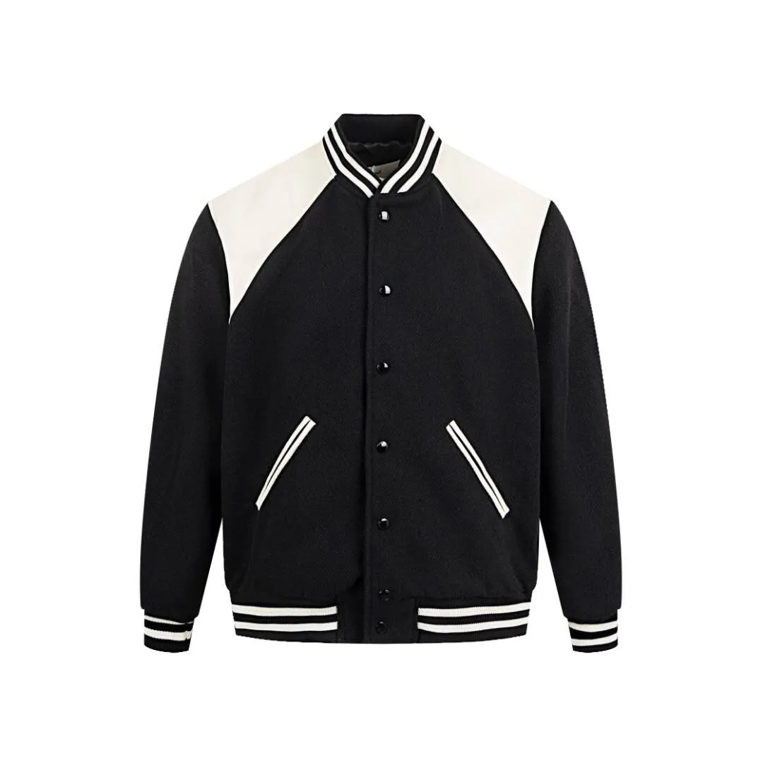 🅿️530 CELINE 24FW shoulder patch leather baseball jacket. The fabric is made of wool blended material. The whole garment uses wool threads to support detection. The shoulder position is made of leather splicing technology. The leather is soft and has clear texture. The cupro ammonia fiber lining is close to the skin and comfortable to wear. The buttons are studded with letters facing down, the same size for men and women. Code number: 46/48/50/52