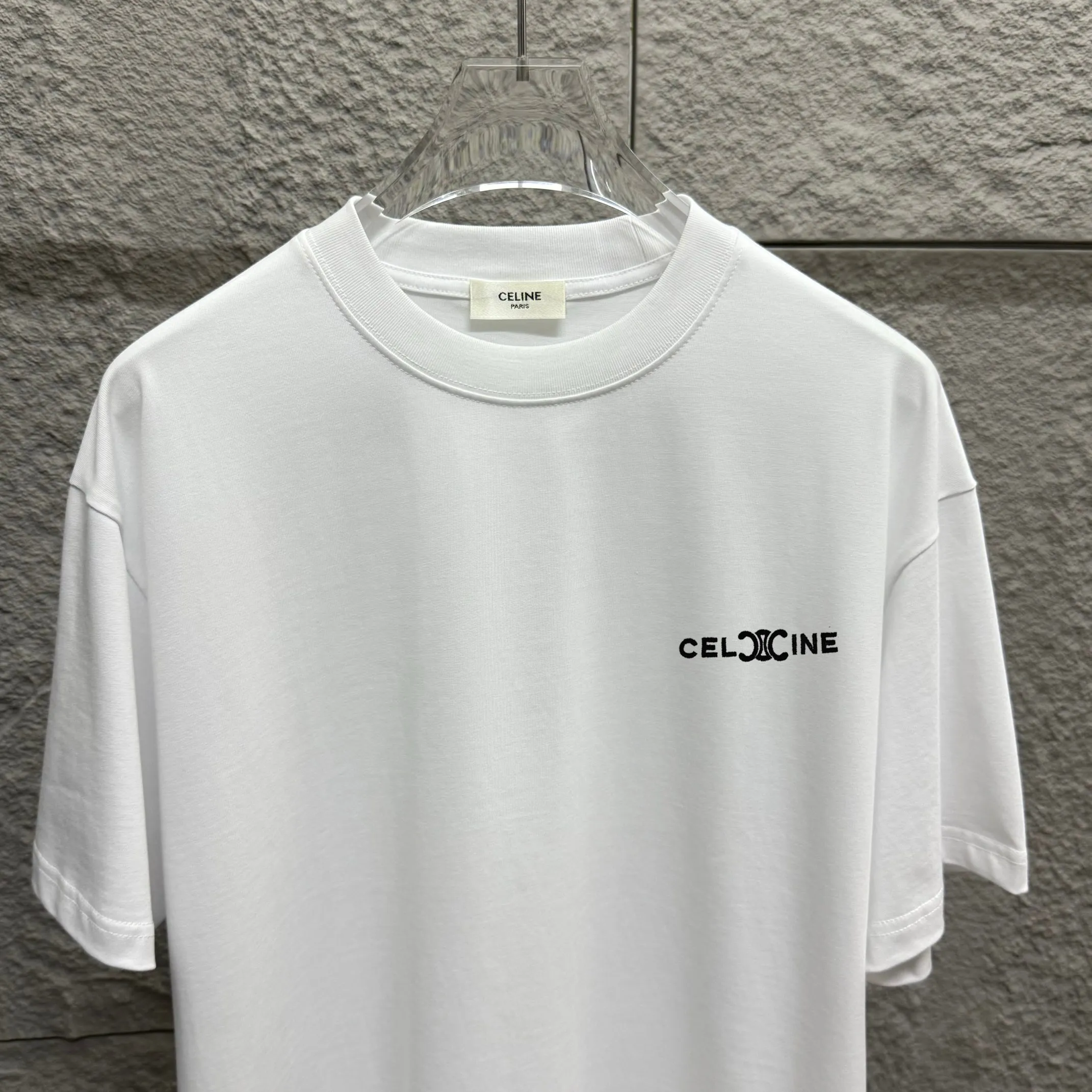 🅿️180 Celi* Celi Celin 2025 spring and summer style Simple double C letter embroidery personalized logo Customized double yarn plain cotton fabric Short-sleeved T-shirt Uniform for men and women Size: S (90-130 catties) M (120-150 catties) L (140-165 catties) XL (160-180 catties) XXL (180-210 pounds) Color: black white
