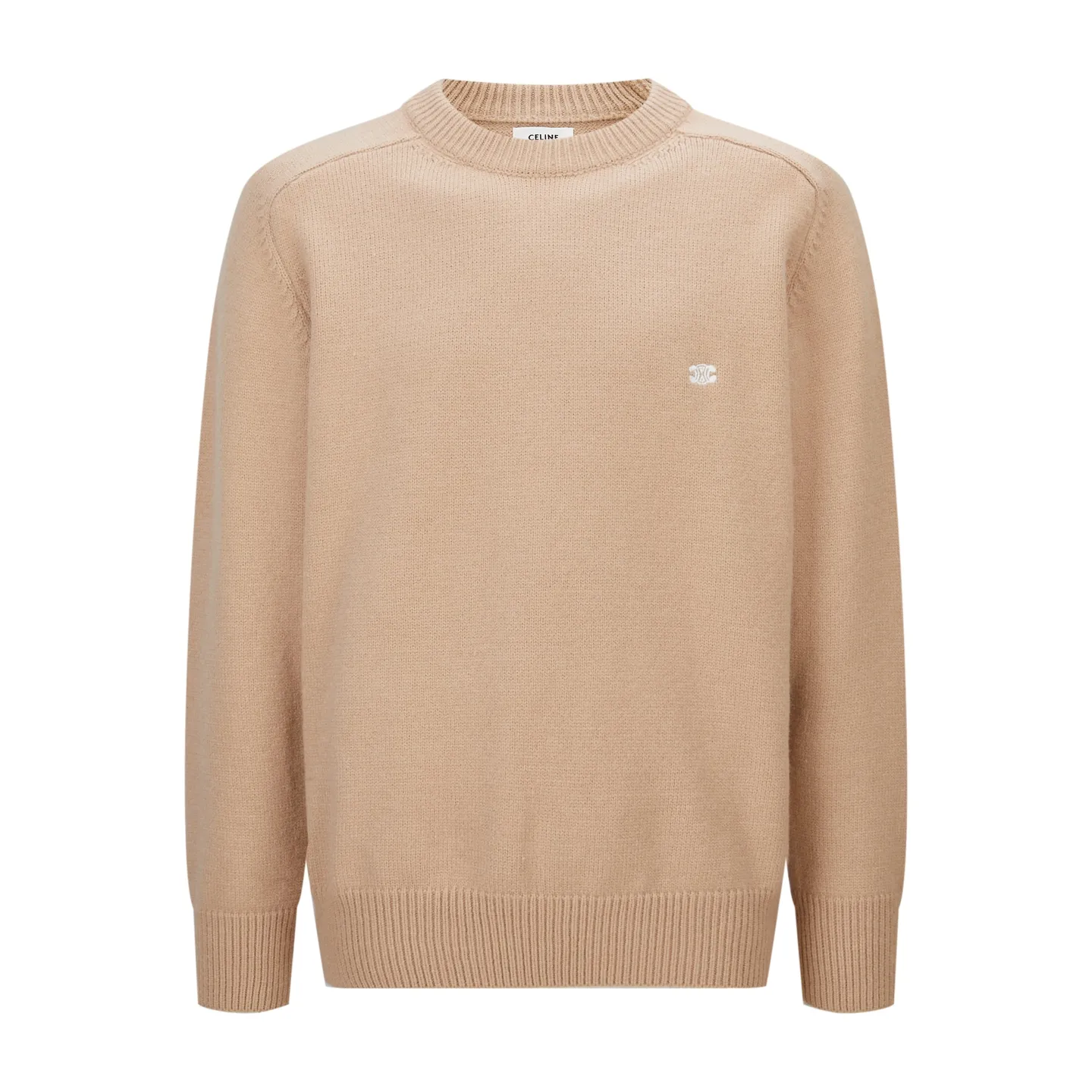 🅿️370 [Exclusive supply] Celine Arc de Triomphe embroidered logo sweater (khaki). The original version was purchased and developed for 9,900. The fabric is made of 35% wool, 15% cashmere, and 50% cotton yarn. This fabric is soft and has a three-dimensional shape that won't change shape after being worn for a long time. The embroidery uses 3D three-dimensional embroidery, and the chest is embellished with the Arc de Triomphe embroidered logo. This style is machine-knitted with 7 needles, and the high-density thick stitching ensures warmth. Later process: washing and color fixation - fixed version - wool impurities. Size:S-M-L-XL