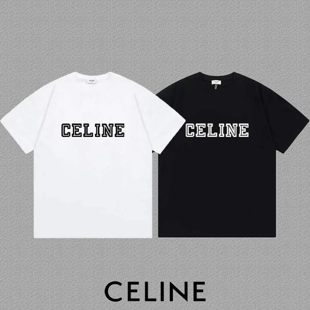 🅿️170 ✨🔥 [CELINE] 2025FW short-sleeved T-shirt, silicone thick plate letter LOGO, high-end 26s double yarn 300g fabric, heavy fabric, custom stretcher rib, same cylinder and dye, complete three standards, same style for men and women, color: black, white, size: S M L XL 2XL
