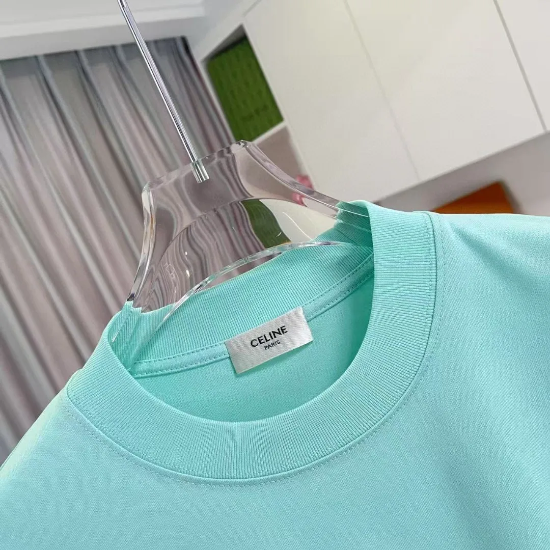 🅿️170 Celine 2025 summer new style personalized letter logo printing customized fabric 300g short-sleeved T-shirt for men and women size: S M L XL XXL five sizes color: black white pink lake green
