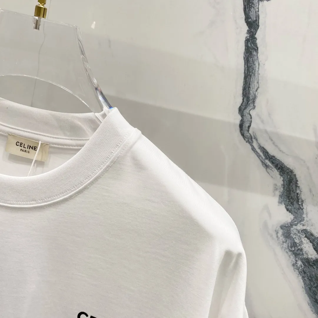 🅿️180 CELINE 260g round neck short-sleeved T-shirt, simple small letter LOGO printing logo, official synchronization, high version, high quality, fashionable personality, versatile trend, pure original quality, original fabric, tag, collar label, washed wheat, three labels complete, color: black, white. Size: XS-L