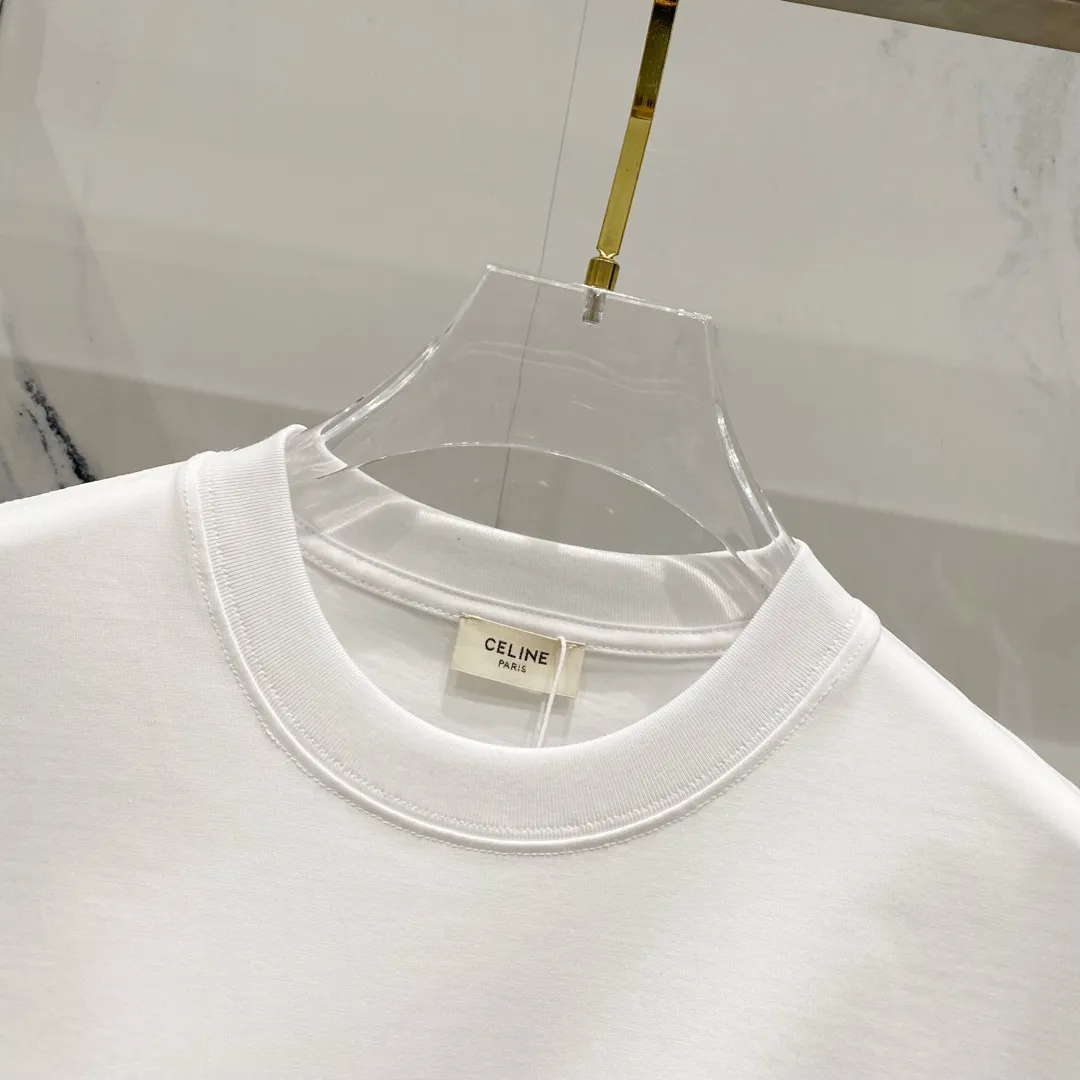 🅿️180 CELINE 260g round neck short-sleeved T-shirt, simple small letter LOGO printing logo, official synchronization, high version, high quality, fashionable personality, versatile trend, pure original quality, original fabric, tag, collar label, washed wheat, three labels complete, color: black, white. Size: XS-L
