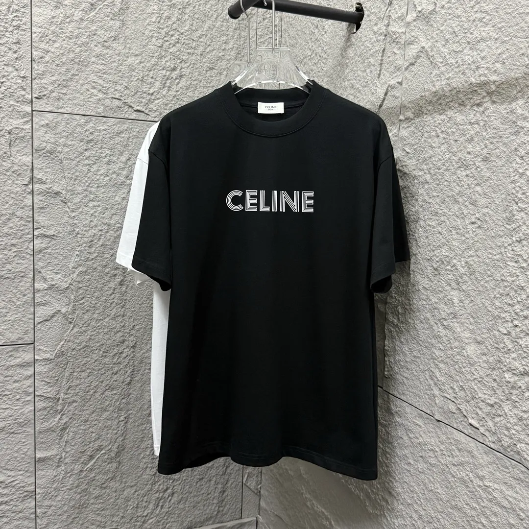🅿️180 Celi*ne 2025 spring and summer style, simple letters, flocking technology, personalized logo, customized double yarn plain cotton fabric, short-sleeved T-shirt, same style for men and women. Size: S (90-130 catties) M (120-150 catties) L (140-165 catties) XL (160-180 catties) XXL (180-210 pounds) Color: black white