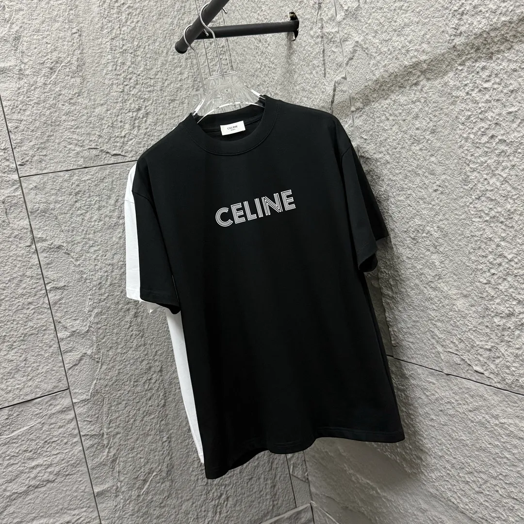 🅿️180 Celi*ne 2025 spring and summer style, simple letters, flocking technology, personalized logo, customized double yarn plain cotton fabric, short-sleeved T-shirt, same style for men and women. Size: S (90-130 catties) M (120-150 catties) L (140-165 catties) XL (160-180 catties) XXL (180-210 pounds) Color: black white