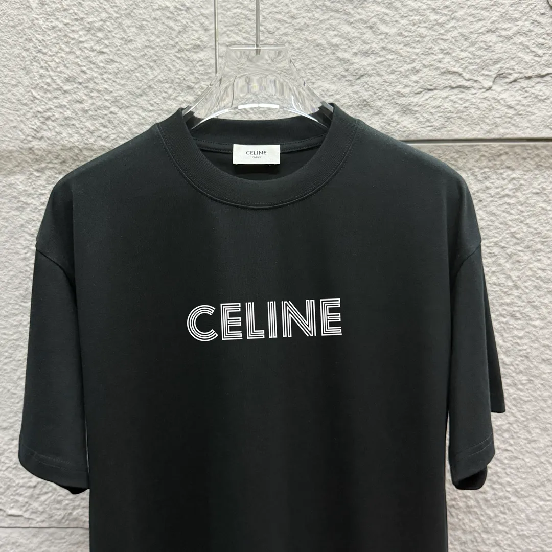 🅿️180 Celi*ne 2025 spring and summer style, simple letters, flocking technology, personalized logo, customized double yarn plain cotton fabric, short-sleeved T-shirt, same style for men and women. Size: S (90-130 catties) M (120-150 catties) L (140-165 catties) XL (160-180 catties) XXL (180-210 pounds) Color: black white