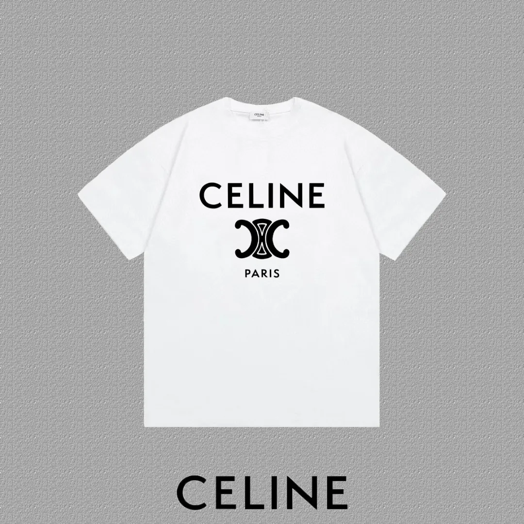 🅿️170 ✨🔥 [CELINE] 2025FW short-sleeved T-shirt, silicone thick plate letter LOGO, high-end 26s double yarn 300g fabric, heavy fabric, custom stretcher rib, same cylinder and dye, complete three standards, same style for men and women, color: black, white, size: S M L XL 2XL