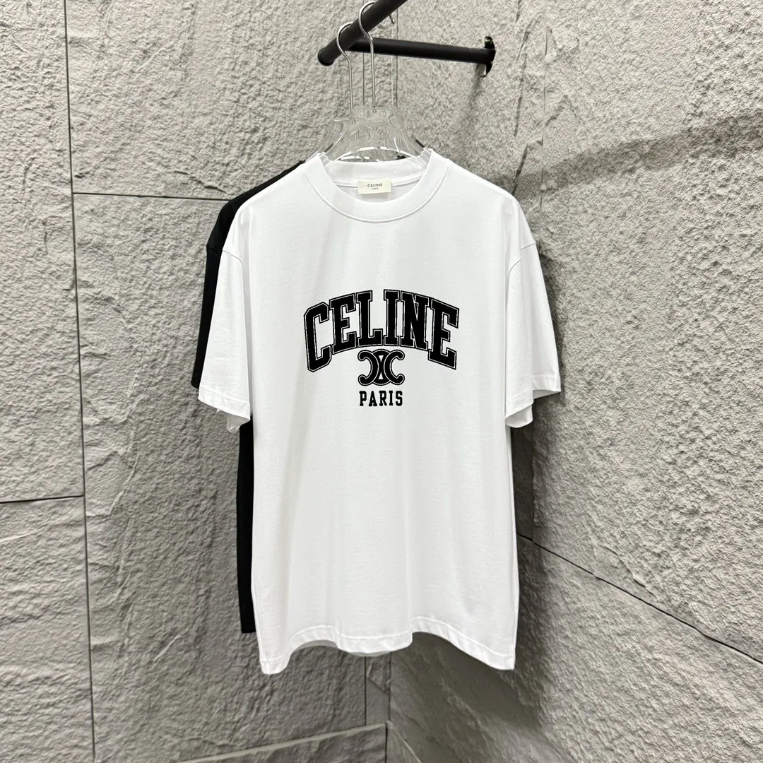 🅿️180 Celi* Celi Celin 2025 spring and summer style Simple letter printing personalized logo Customized double yarn plain cotton fabric Short-sleeved T-shirt Unisex Size: S (90-130 catties) M (120-150 catties) L (140-165 catties) XL (160-180 catties) XXL (180-210 catties) Color: black white