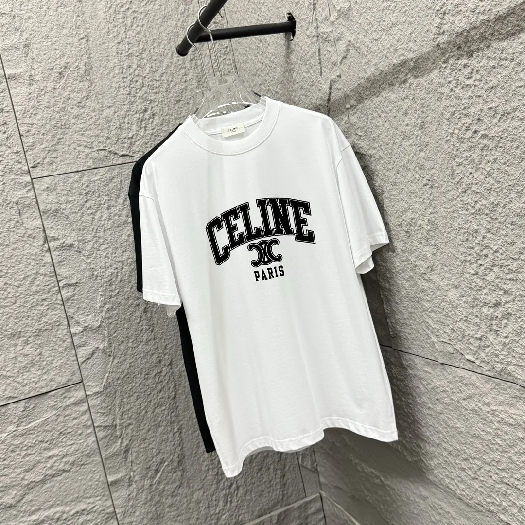 🅿️180 Celi* Celi Celin 2025 spring and summer style Simple letter printing personalized logo Customized double yarn plain cotton fabric Short-sleeved T-shirt Unisex Size: S (90-130 catties) M (120-150 catties) L (140-165 catties) XL (160-180 catties) XXL (180-210 catties) Color: black white