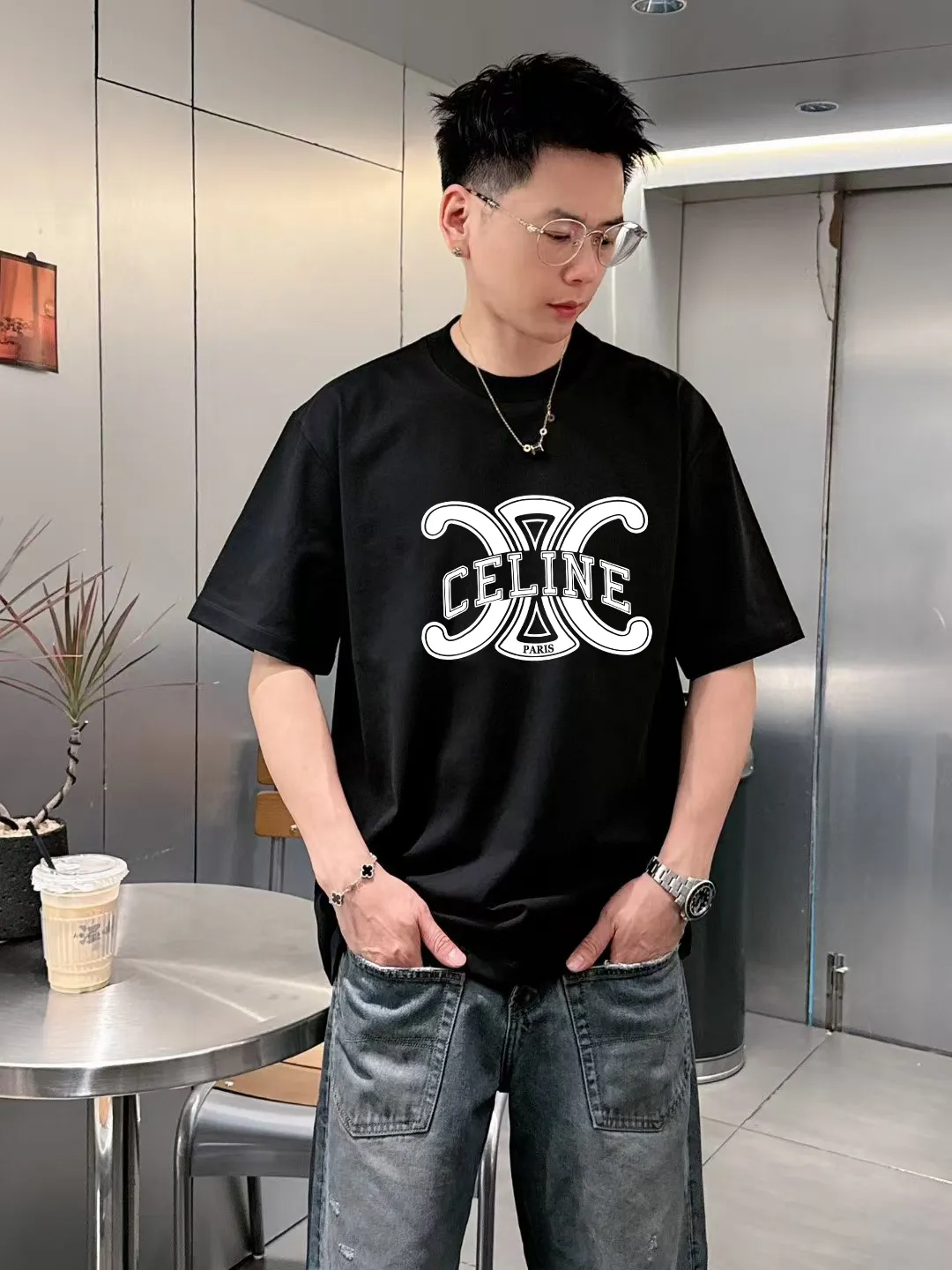🅿️170 ✨🔥 [CELINE] 2025FW short-sleeved T-shirt, letter LOGO printing, high-end 26s double yarn 300g fabric, heavy fabric, custom stretcher rib, same vat and dye, complete three standards, same style for men and women, color: black, white, gray, size: S M L XL 2XL