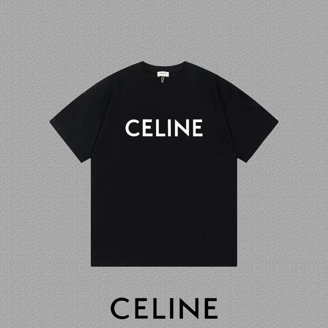 🅿️170 ✨🔥 [CELINE] 2025FW short-sleeved T-shirt, silicone thick plate letter LOGO, high-end 26s double yarn 300g fabric, heavy fabric, custom stretcher rib, same cylinder and dye, complete three standards, same style for men and women, color: black, white, size: S M L XL 2XL