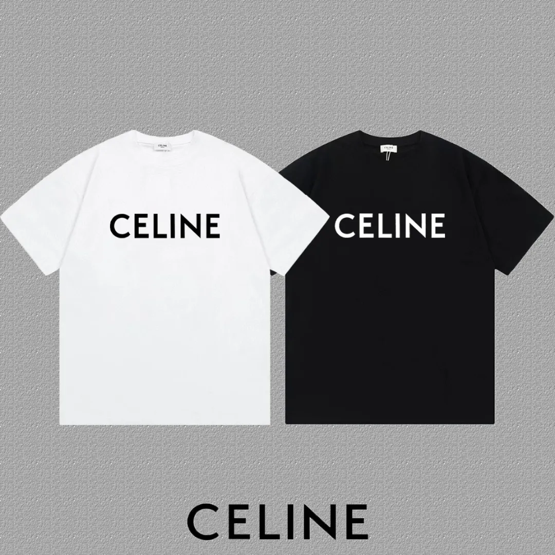 🅿️170 ✨🔥 [CELINE] 2025FW short-sleeved T-shirt, silicone thick plate letter LOGO, high-end 26s double yarn 300g fabric, heavy fabric, custom stretcher rib, same cylinder and dye, complete three standards, same style for men and women, color: black, white, size: S M L XL 2XL