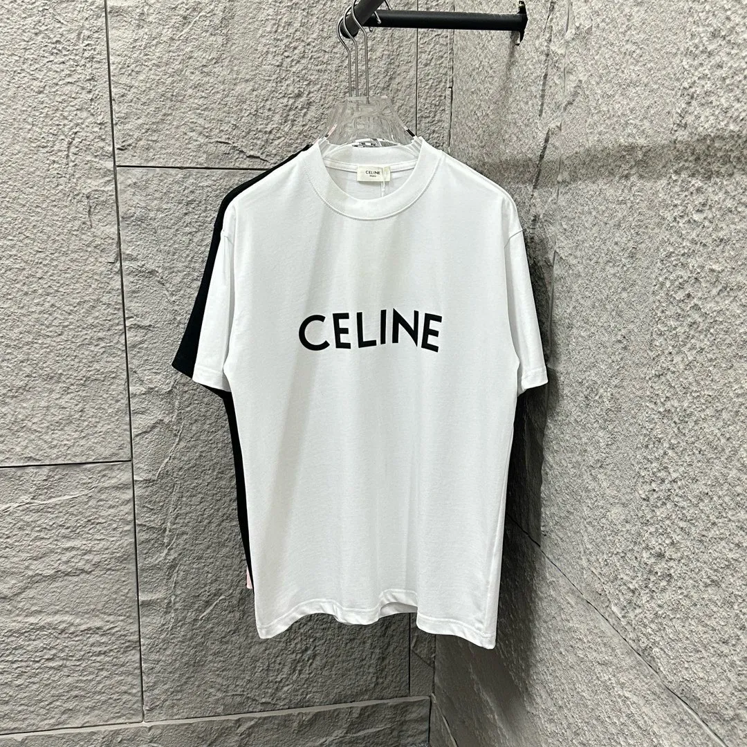 🅿️180 Celine* Celine Celine 2025 spring and summer style Simple letter three-dimensional thick plate silicone personalized logo Customized double yarn plain cotton fabric Short-sleeved T-shirt Unisex Size: S (90-130 catties) M (120-150 catties) L (140-165 catties) XL (160-180 catties) XXL (180-210 pounds) Color: black white