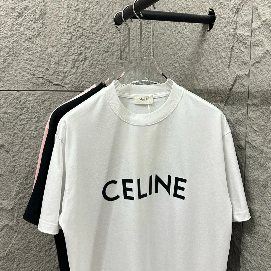 🅿️180 Celine* Celine Celine 2025 spring and summer style Simple letter three-dimensional thick plate silicone personalized logo Customized double yarn plain cotton fabric Short-sleeved T-shirt Unisex Size: S (90-130 catties) M (120-150 catties) L (140-165 catties) XL (160-180 catties) XXL (180-210 pounds) Color: black white