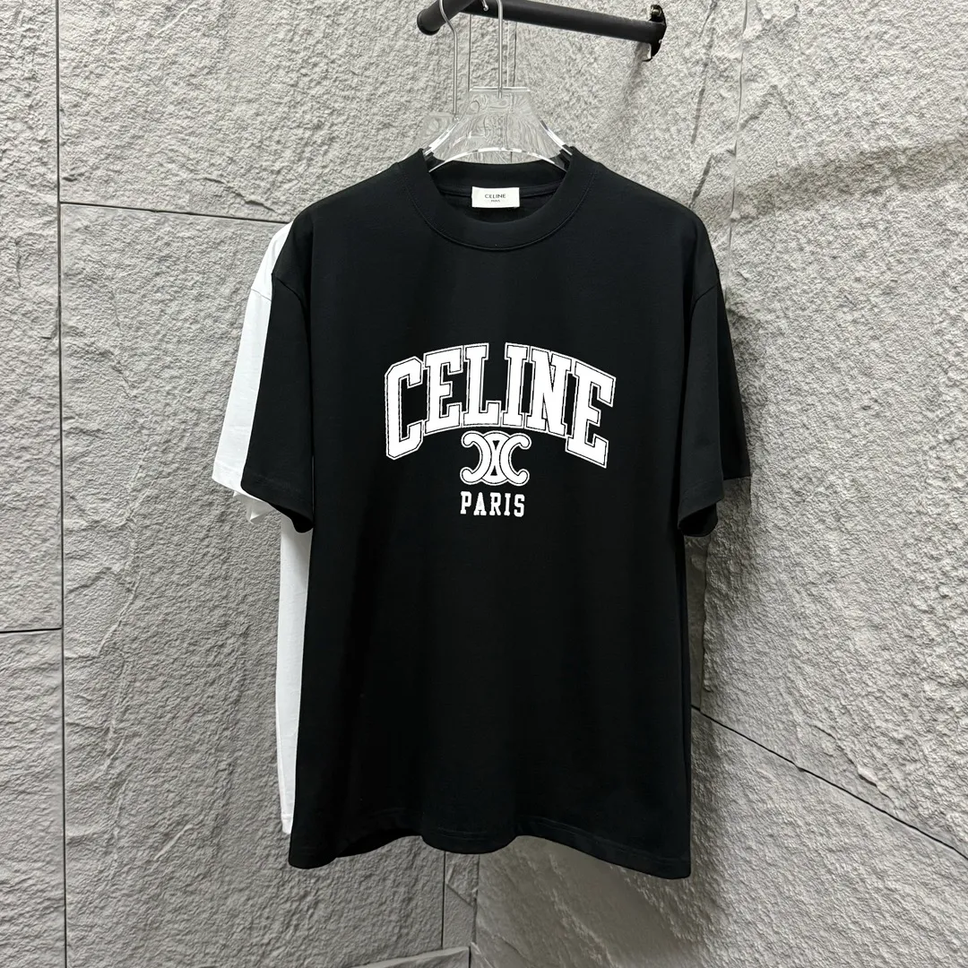 🅿️180 Celi* Celine 2025 spring and summer style Simple letter printing personalized logo Customized double yarn plain cotton fabric Short-sleeved T-shirt Unisex Size: S (90-130 catties) M (120-150 catties) L (140-165 catties) XL (160-180 catties) XXL (180-210 catties) Color: black white