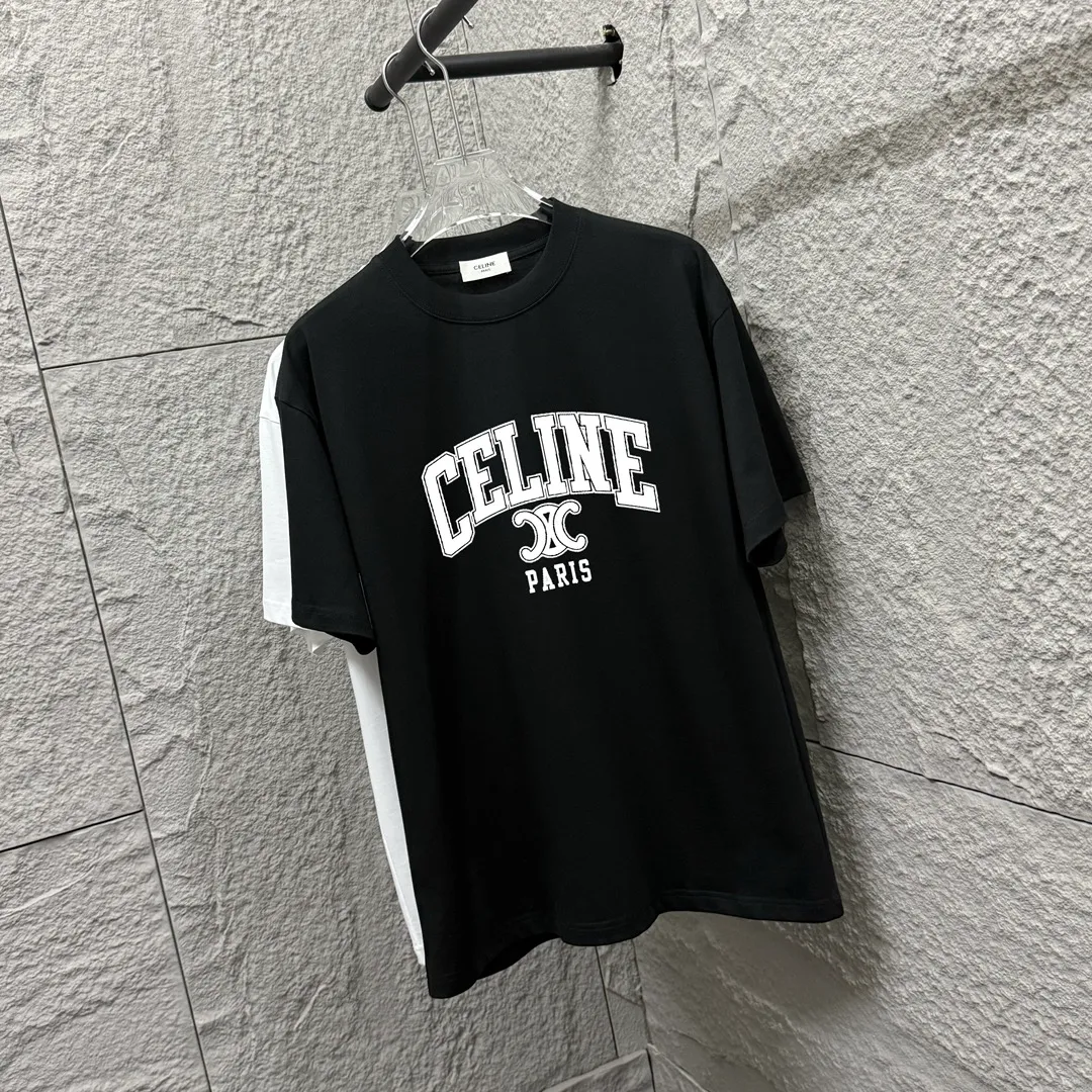 🅿️180 Celi* Celine 2025 spring and summer style Simple letter printing personalized logo Customized double yarn plain cotton fabric Short-sleeved T-shirt Unisex Size: S (90-130 catties) M (120-150 catties) L (140-165 catties) XL (160-180 catties) XXL (180-210 catties) Color: black white