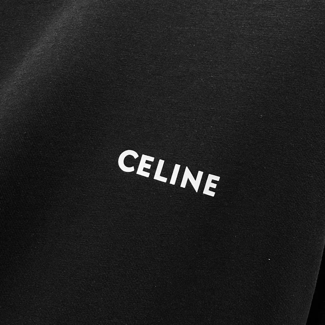 🅿️180 CELINE 260g round neck short-sleeved T-shirt, simple small letter LOGO printing logo, official synchronization, high version, high quality, fashionable personality, versatile trend, pure original quality, original fabric, tag, collar label, washed wheat, three labels complete, color: black, white. Size: XS-L