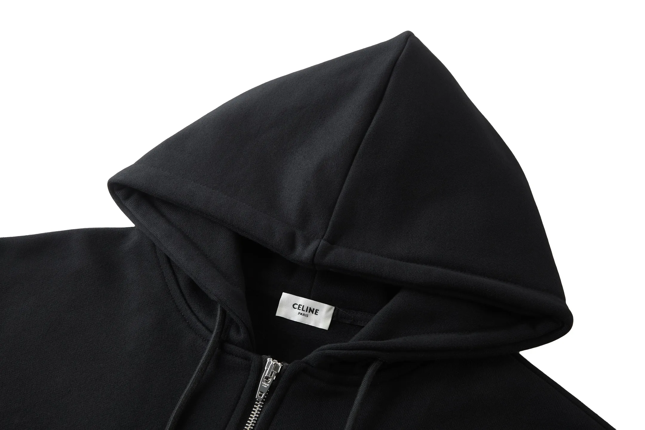 🅿️560 [Exclusive supply] Celine inscription embroidered hooded zipper jacket. The fabric is made of 420g terry fabric with a slight fleece process. This style is made of long yarn double-ply custom-woven pure cotton. The thread is matched with 2*2 double yarn 460g matching thread. It adopts 3D tami plane embroidery. This embroidery uses imported Tajima machine and fixed dyeing and weaving embroidery thread. The number of stitches in garment embroidery is as high as 36,000. Every detail is identical to the original. The zipper uses an electroplated bright silver slider, engraved with the CELINE logo, and the pull teeth are European style for smoother use. The rope is custom cut to size 1.3. Comes with electroplated engraved tailclip. The hoodie has electroplated lettering on the eyelets. All accessories bear the original logo. Size:S-M-L-XL
