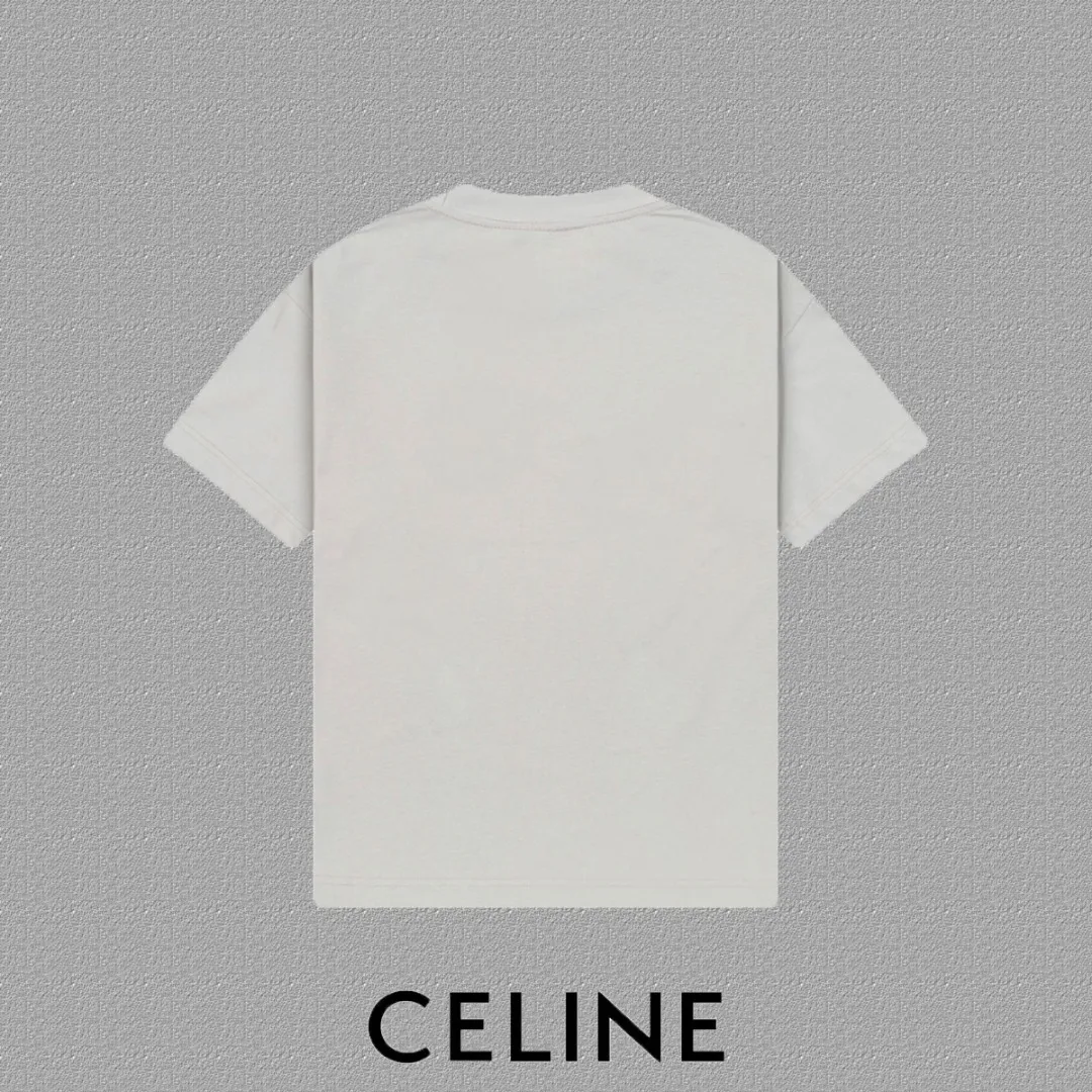 🅿️170 ✨🔥 [CELINE] 2025FW short-sleeved T-shirt, letter LOGO printing, high-end 26s double yarn 300g fabric, heavy fabric, custom stretcher rib, same vat and dye, complete three standards, same style for men and women, color: black, white, gray, size: S M L XL 2XL