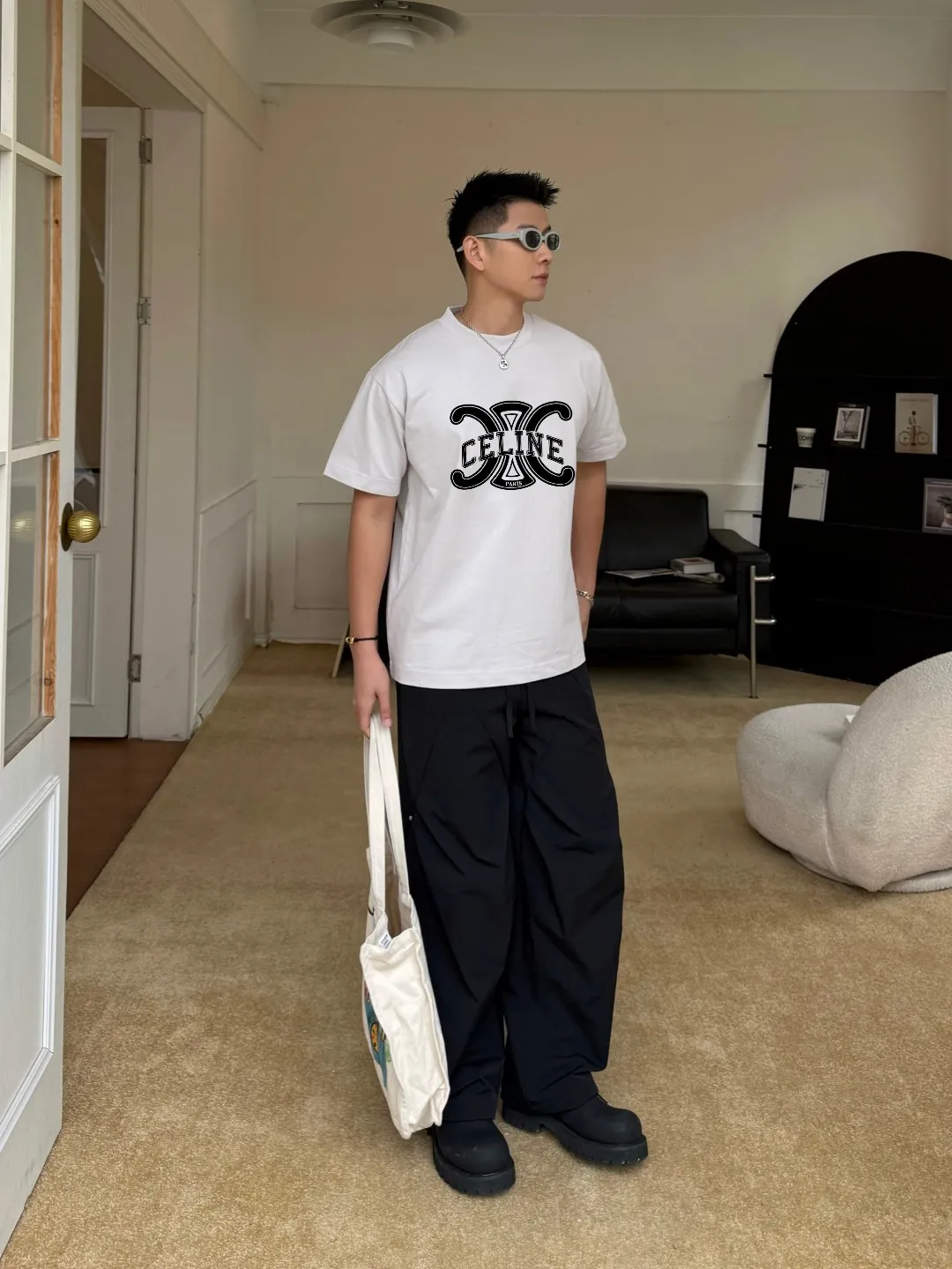 🅿️170 ✨🔥 [CELINE] 2025FW short-sleeved T-shirt, letter LOGO printing, high-end 26s double yarn 300g fabric, heavy fabric, custom stretcher rib, same vat and dye, complete three standards, same style for men and women, color: black, white, gray, size: S M L XL 2XL