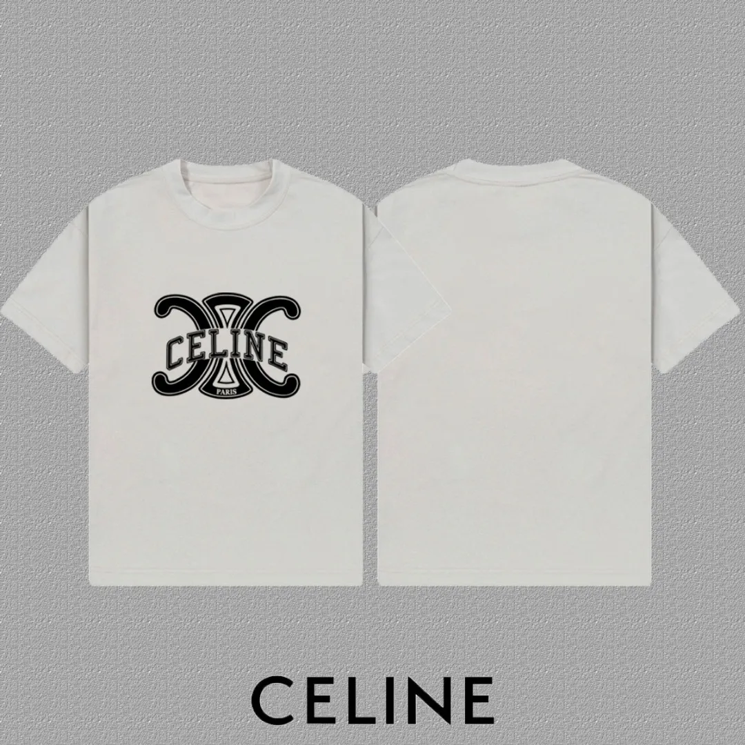 🅿️170 ✨🔥 [CELINE] 2025FW short-sleeved T-shirt, letter LOGO printing, high-end 26s double yarn 300g fabric, heavy fabric, custom stretcher rib, same vat and dye, complete three standards, same style for men and women, color: black, white, gray, size: S M L XL 2XL