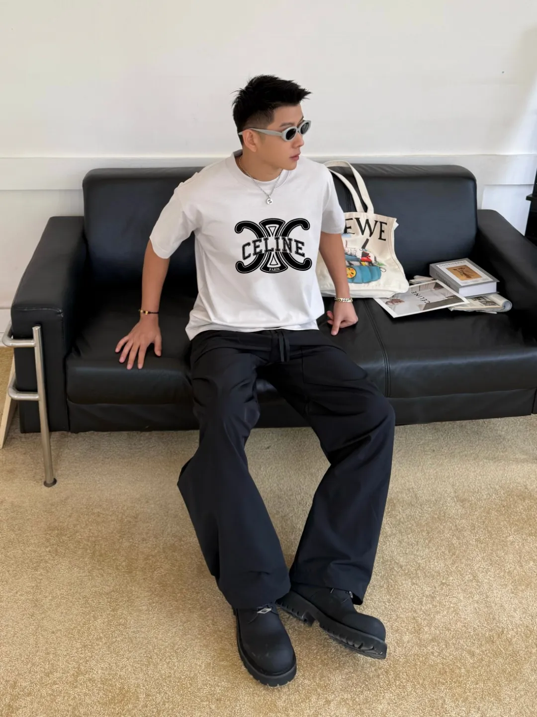 🅿️170 ✨🔥 [CELINE] 2025FW short-sleeved T-shirt, letter LOGO printing, high-end 26s double yarn 300g fabric, heavy fabric, custom stretcher rib, same vat and dye, complete three standards, same style for men and women, color: black, white, gray, size: S M L XL 2XL
