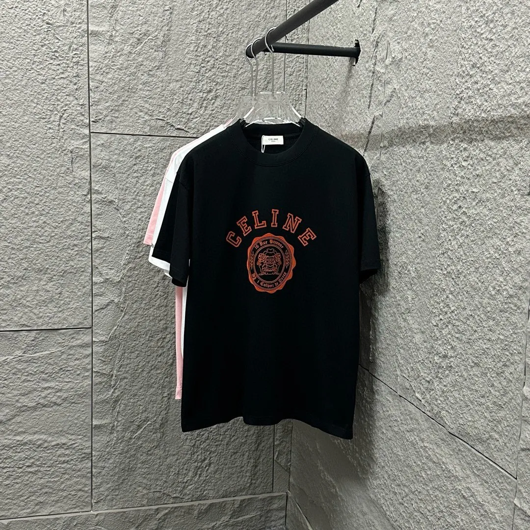 🅿️180 Celi* Celine 2025 spring and summer style Simple letter flocking process personalized logo Customized double yarn plain cotton fabric Short-sleeved T-shirt Unisex Size: S (90-130 catties) M (120-150 catties) L (140-165 catties) XL (160-180 catties) XXL (180-210 catties) Color: black white light pink