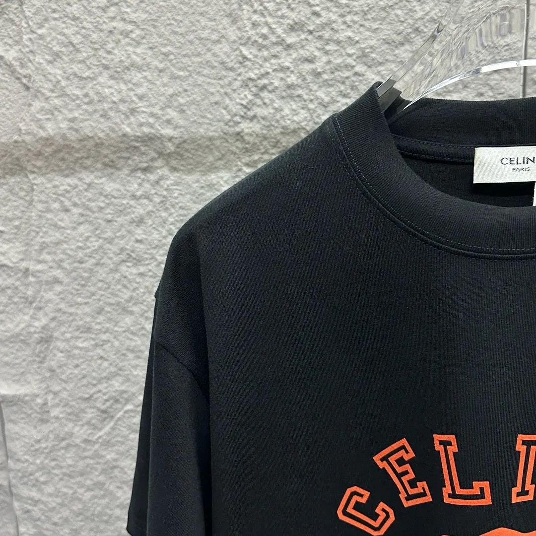 🅿️180 Celi* Celine 2025 spring and summer style Simple letter flocking process personalized logo Customized double yarn plain cotton fabric Short-sleeved T-shirt Unisex Size: S (90-130 catties) M (120-150 catties) L (140-165 catties) XL (160-180 catties) XXL (180-210 catties) Color: black white light pink