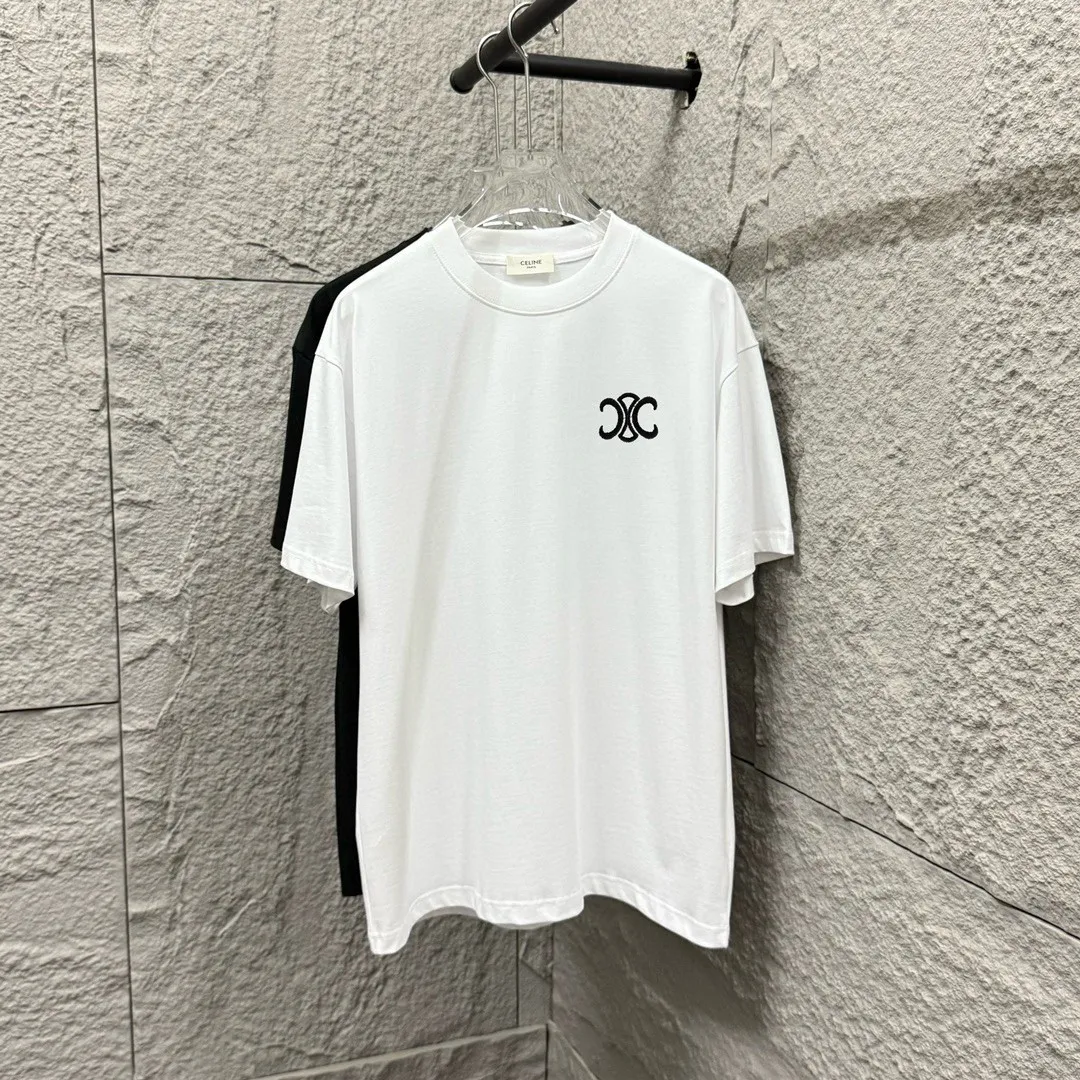 🅿️180 Celi* Celi Celin 2025 spring and summer style Simple letter embroidery personalized logo Customized double yarn plain cotton fabric Short-sleeved T-shirt Unisex Size: S (90-130 catties) M (120-150 catties) L (140-165 catties) XL (160-180 catties) XXL (180-210 pounds) Color: black white