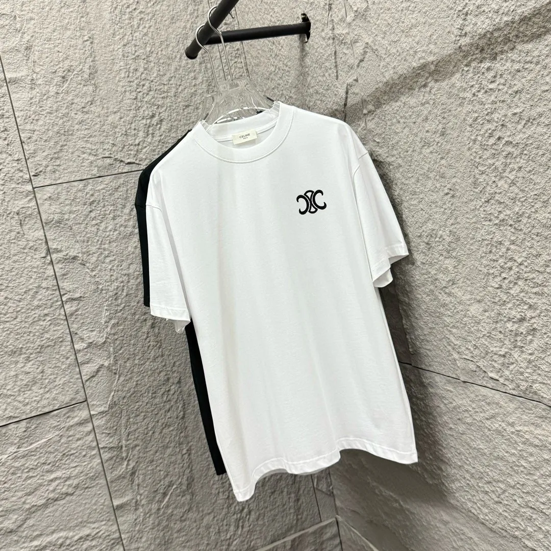 🅿️180 Celi* Celi Celin 2025 spring and summer style Simple letter embroidery personalized logo Customized double yarn plain cotton fabric Short-sleeved T-shirt Unisex Size: S (90-130 catties) M (120-150 catties) L (140-165 catties) XL (160-180 catties) XXL (180-210 pounds) Color: black white
