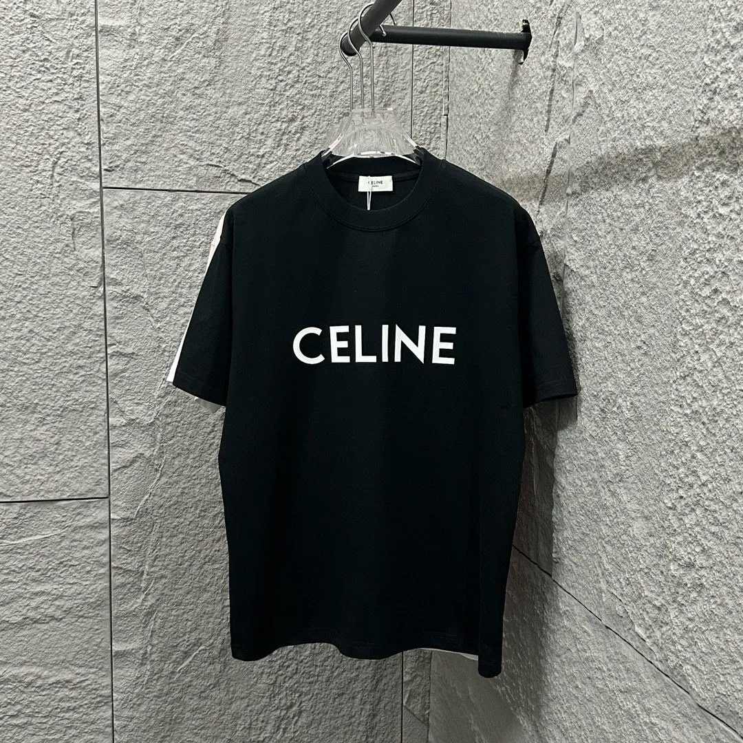 🅿️180 Celine* Celine Celine 2025 spring and summer style Simple letter three-dimensional thick plate silicone personalized logo Customized double yarn plain cotton fabric Short-sleeved T-shirt Unisex Size: S (90-130 catties) M (120-150 catties) L (140-165 catties) XL (160-180 catties) XXL (180-210 pounds) Color: black white