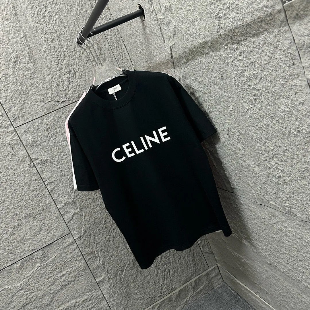 🅿️180 Celine* Celine Celine 2025 spring and summer style Simple letter three-dimensional thick plate silicone personalized logo Customized double yarn plain cotton fabric Short-sleeved T-shirt Unisex Size: S (90-130 catties) M (120-150 catties) L (140-165 catties) XL (160-180 catties) XXL (180-210 pounds) Color: black white