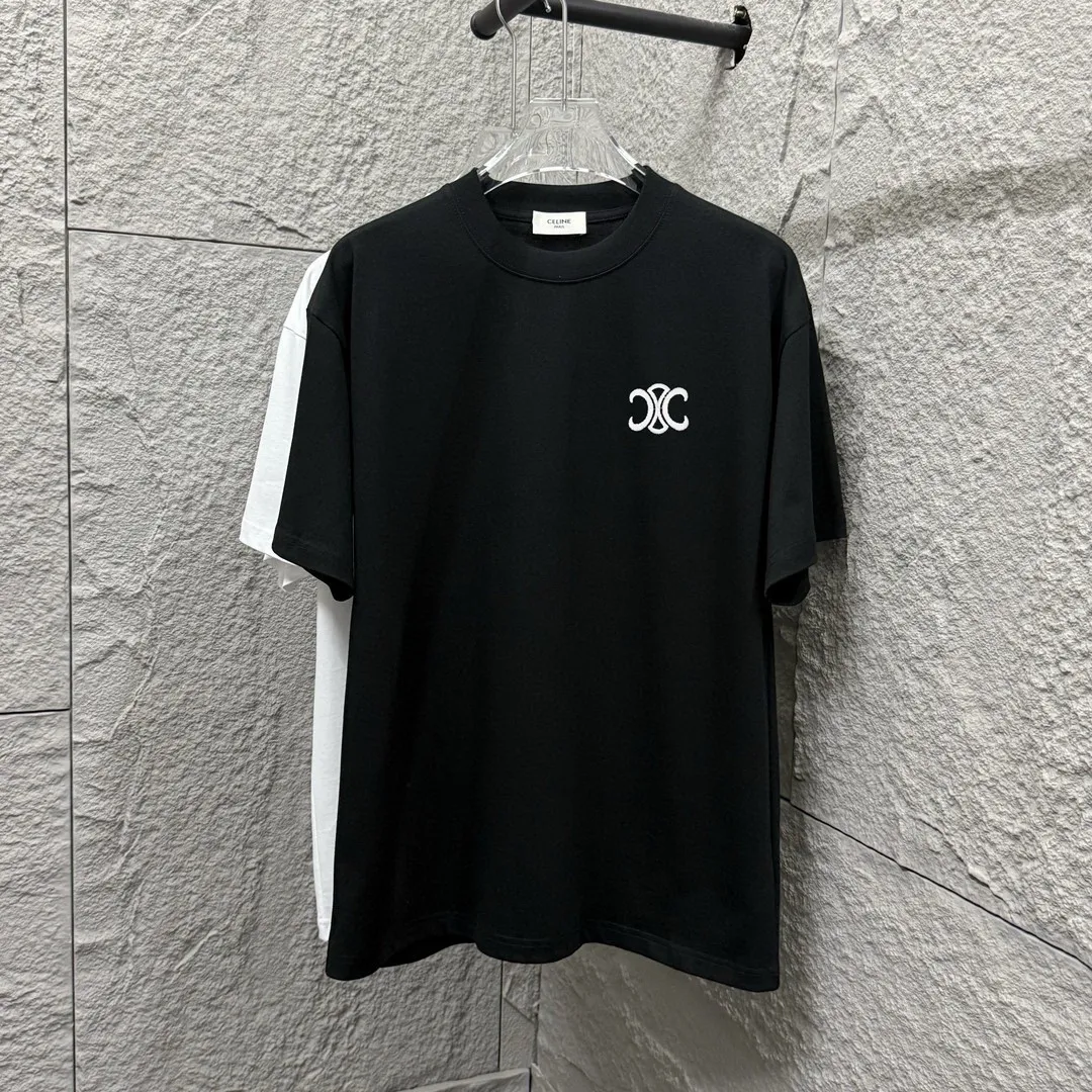 🅿️180 Celi* Celi Celin 2025 spring and summer style Simple letter embroidery personalized logo Customized double yarn plain cotton fabric Short-sleeved T-shirt Unisex Size: S (90-130 catties) M (120-150 catties) L (140-165 catties) XL (160-180 catties) XXL (180-210 pounds) Color: black white