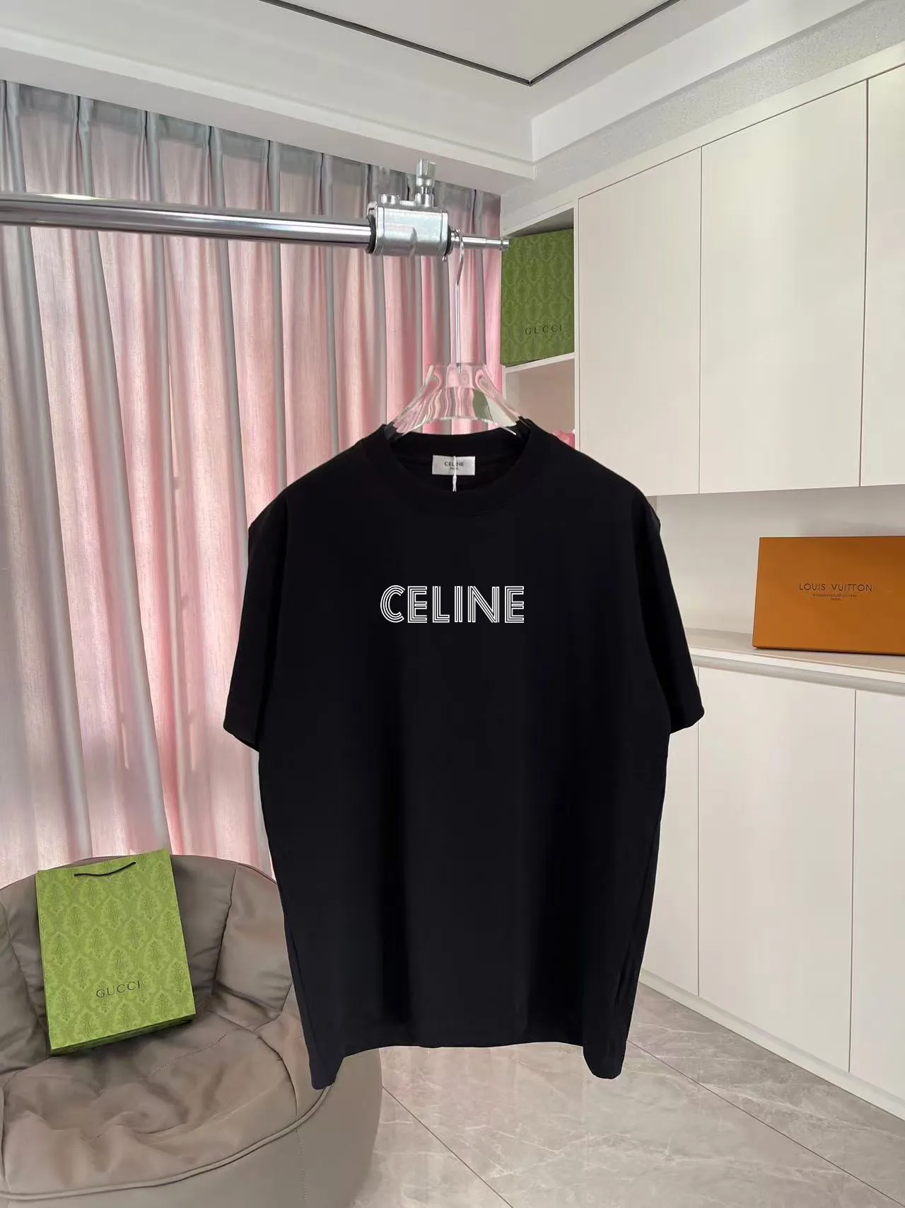 🅿️170 Celine Celine 2025 summer new style personalized letter logo printing customized fabric 300g short-sleeved T-shirt for men and women size: S M L XL XXL five sizes color: black white lake green purple