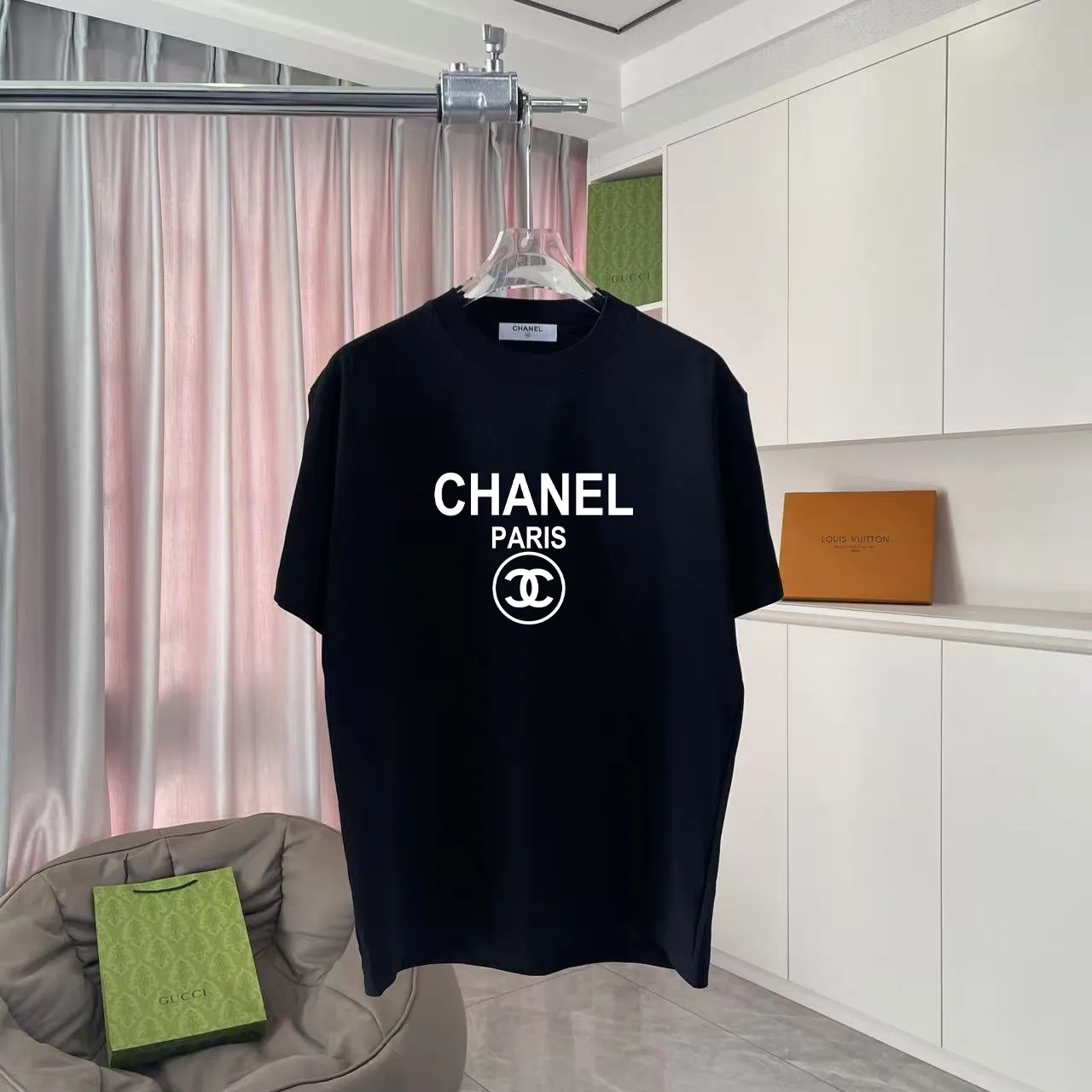 🅿️170 Chanel CHANEL 2025 summer new style Double C letter logo printing short-sleeved T-shirt Customized fabric 300g Same style for men and women Size: S M L XL XXL Five codes Color: black white lake green sky blue