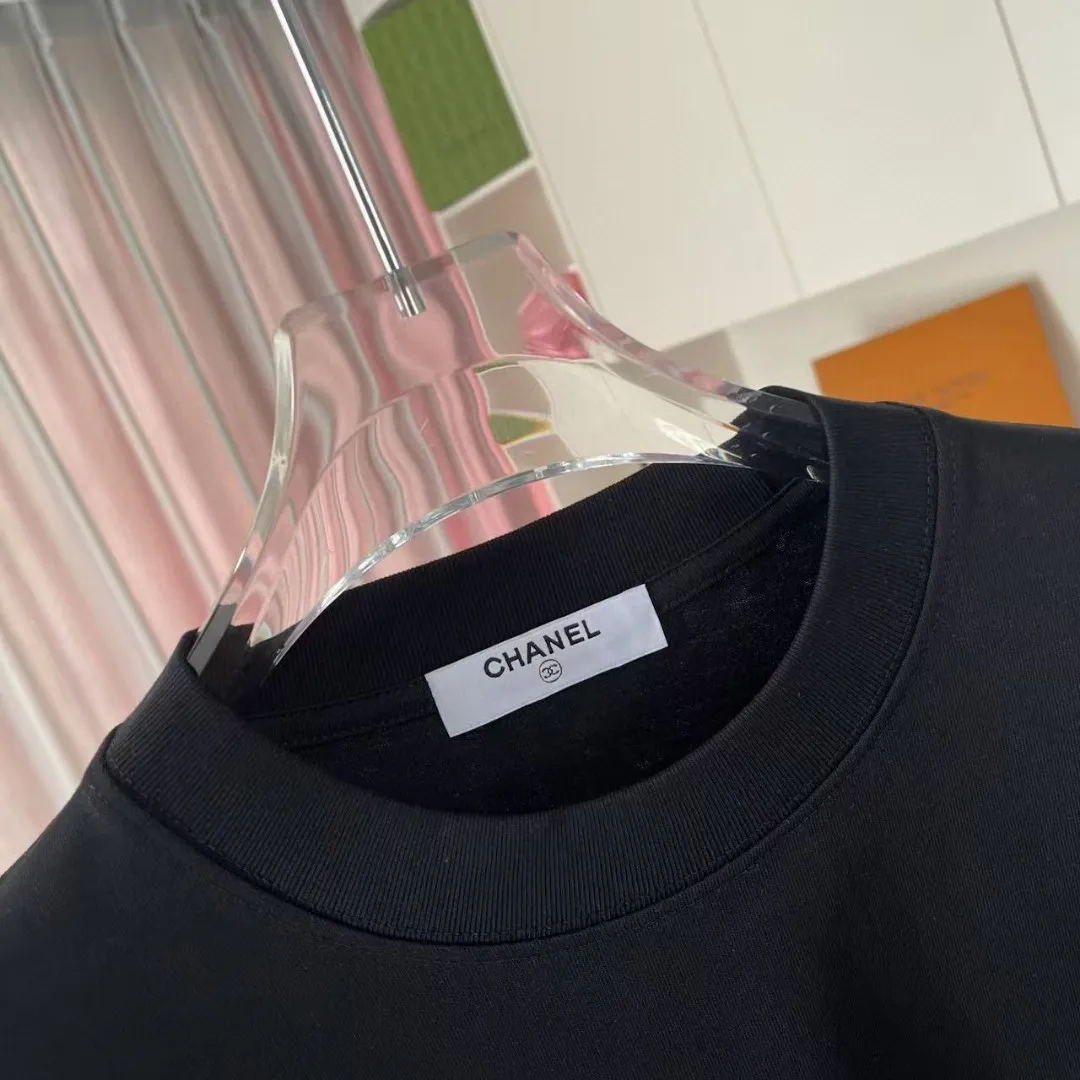🅿️170 Chanel CHANEL 2025 summer new style Double C letter logo printing short-sleeved T-shirt Customized fabric 300g Same style for men and women Size: S M L XL XXL Five codes Color: black white lake green sky blue
