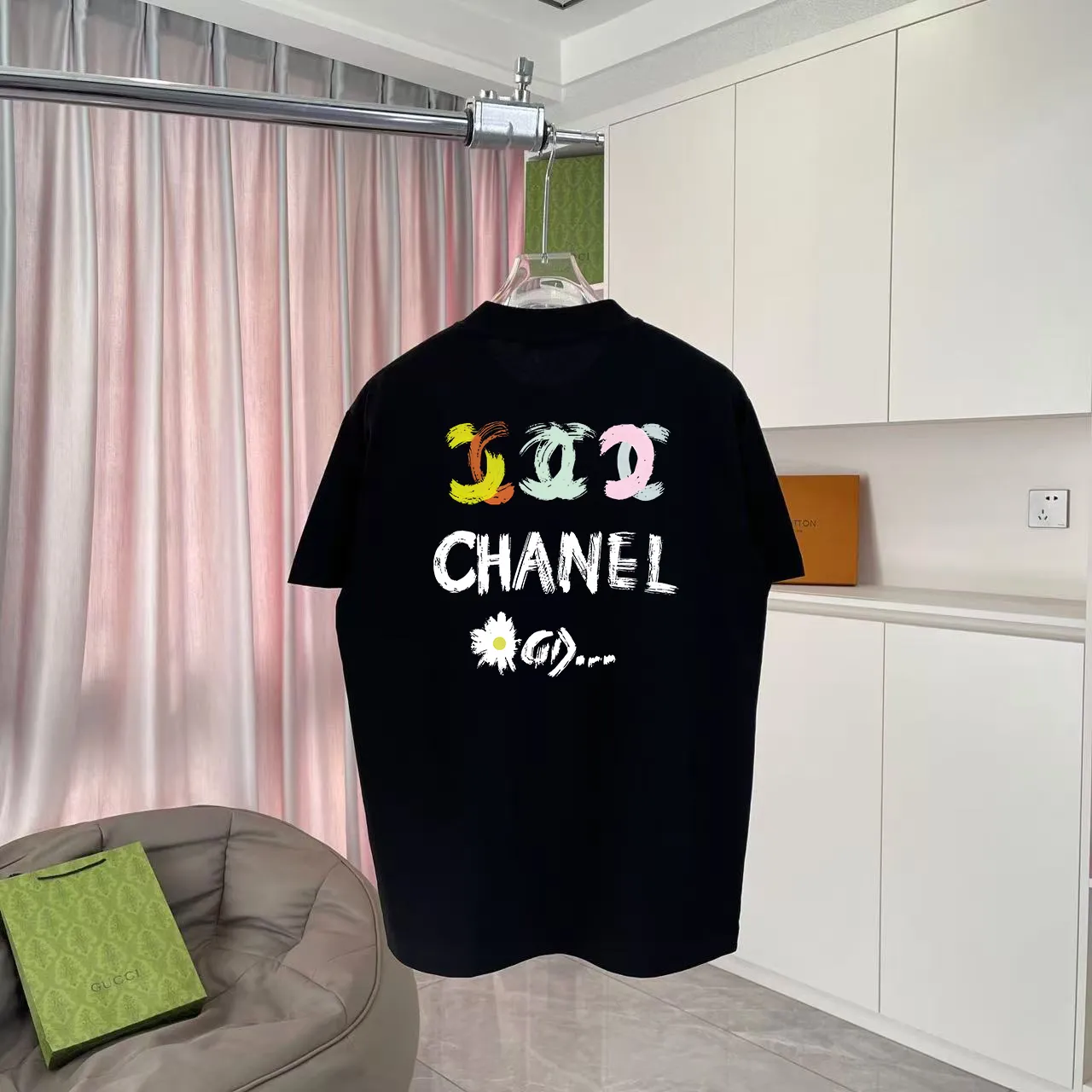 🅿️170 Chanel*CHANEL2025 new summer style Double C letter logo printing short-sleeved T-shirt Customized fabric 300g Same style for men and women Size: S M L XL XXL Five codes Color: black white lake green purple