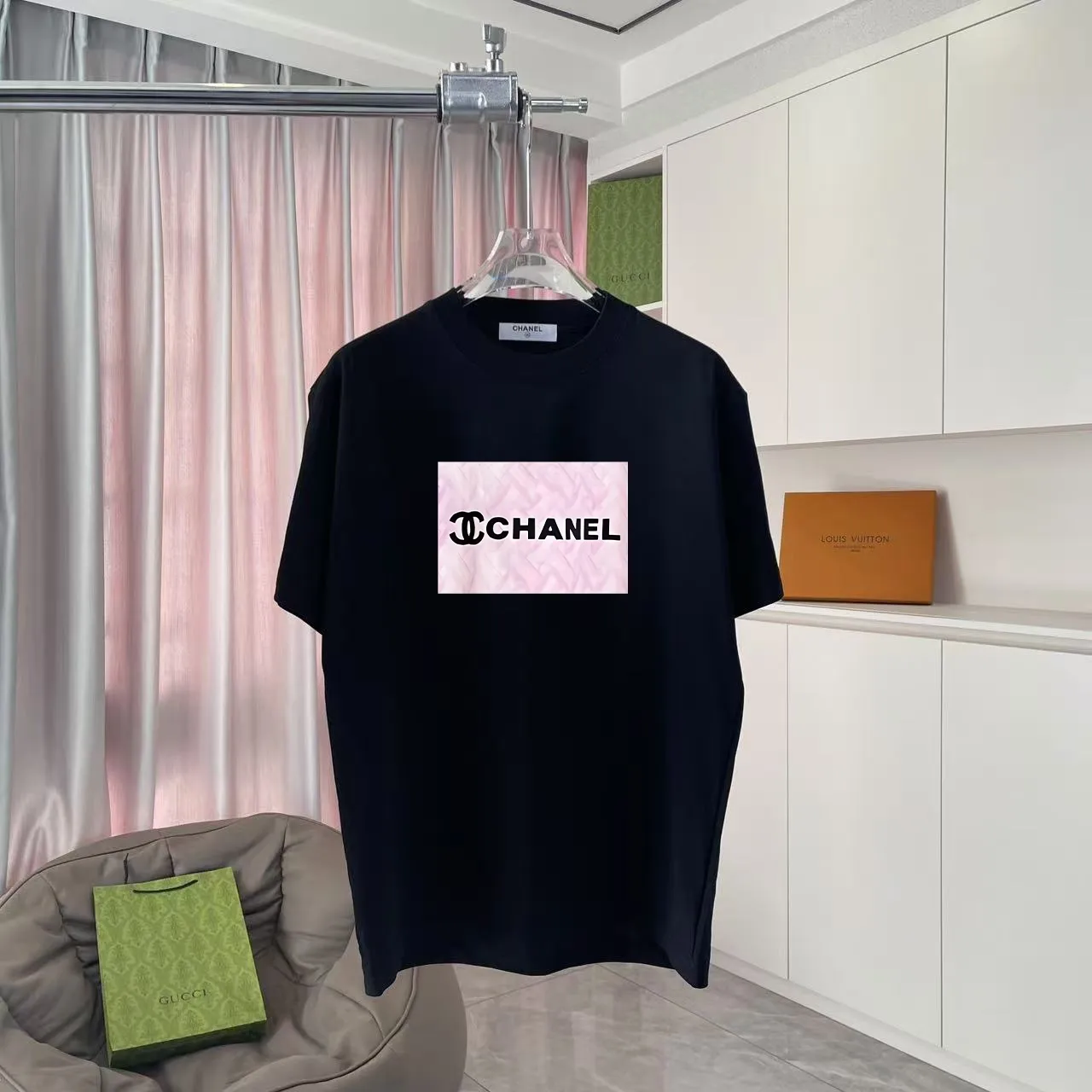 🅿️170 Chanel CHANEL 2025 summer new style Double C letter logo printing short-sleeved T-shirt Customized fabric 300g Same style for men and women Size: S M L XL XXL Five codes Color: black white lake green sky blue