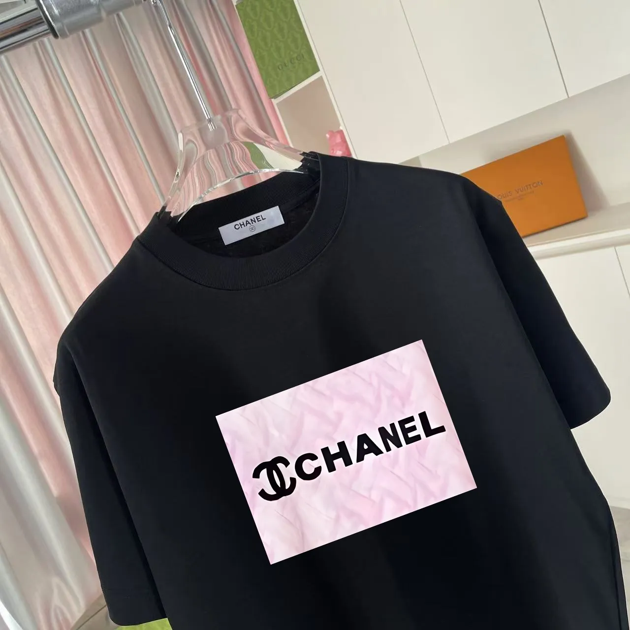🅿️170 Chanel CHANEL 2025 summer new style Double C letter logo printing short-sleeved T-shirt Customized fabric 300g Same style for men and women Size: S M L XL XXL Five codes Color: black white lake green sky blue