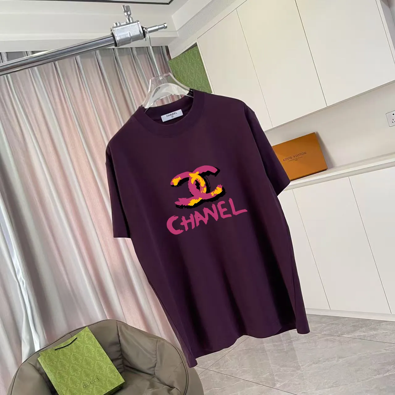 🅿️170 Chanel CHANEL2025 summer new style Double C letter logo printing short-sleeved T-shirt Customized fabric 300g Same style for men and women Size: S M L XL XXL Five codes Color: black white rose red purple