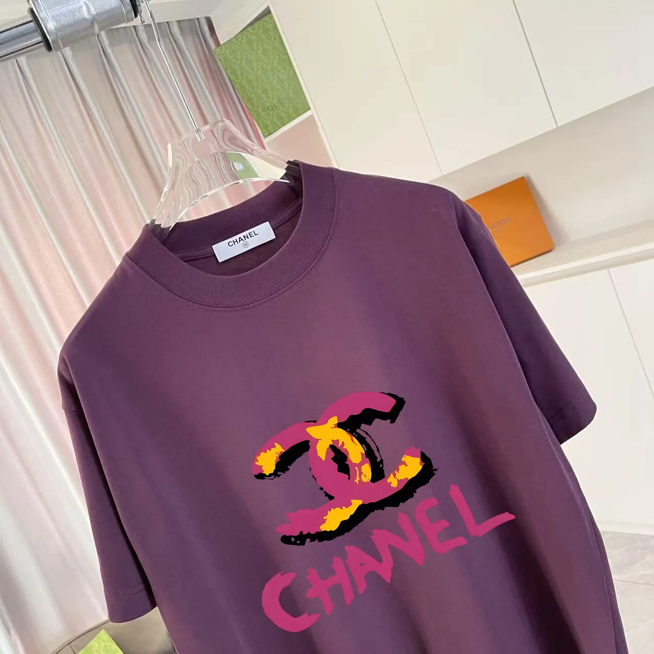 🅿️170 Chanel CHANEL2025 summer new style Double C letter logo printing short-sleeved T-shirt Customized fabric 300g Same style for men and women Size: S M L XL XXL Five codes Color: black white rose red purple