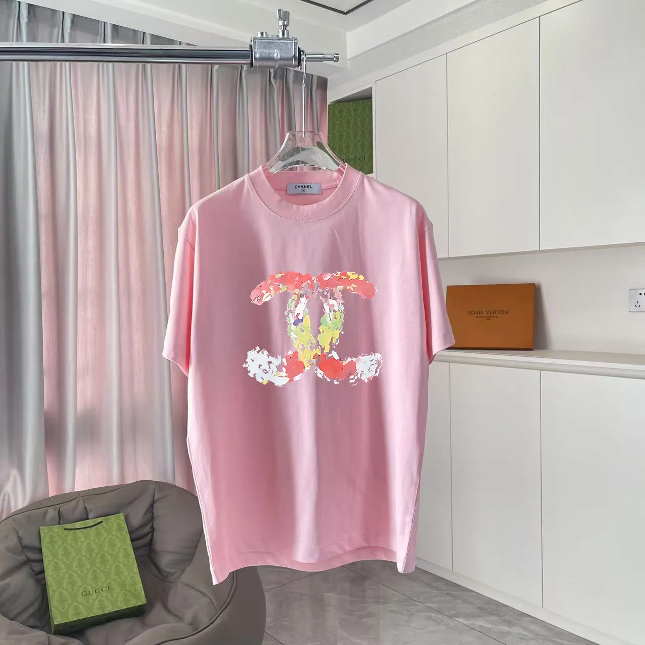 🅿️170 Chanel CHANEL2025 summer new style Double C letter logo printing short-sleeved T-shirt Customized fabric 300g Same style for men and women Size: S M L XL XXL five codes Color: black white pink lake green