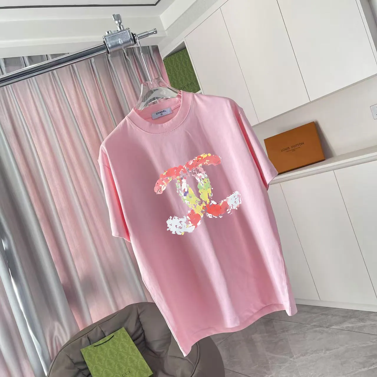 🅿️170 Chanel CHANEL2025 summer new style Double C letter logo printing short-sleeved T-shirt Customized fabric 300g Same style for men and women Size: S M L XL XXL five codes Color: black white pink lake green