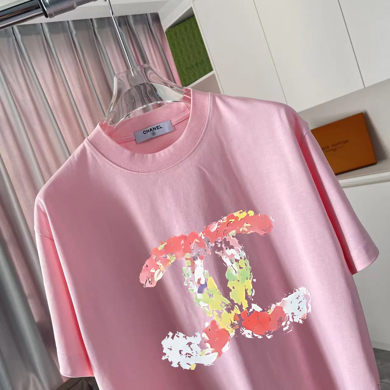 🅿️170 Chanel CHANEL2025 summer new style Double C letter logo printing short-sleeved T-shirt Customized fabric 300g Same style for men and women Size: S M L XL XXL five codes Color: black white pink lake green