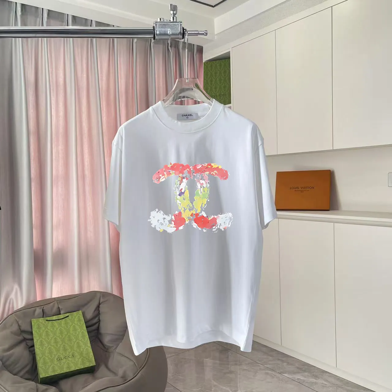 🅿️170 Chanel CHANEL2025 summer new style Double C letter logo printing short-sleeved T-shirt Customized fabric 300g Same style for men and women Size: S M L XL XXL five codes Color: black white pink lake green