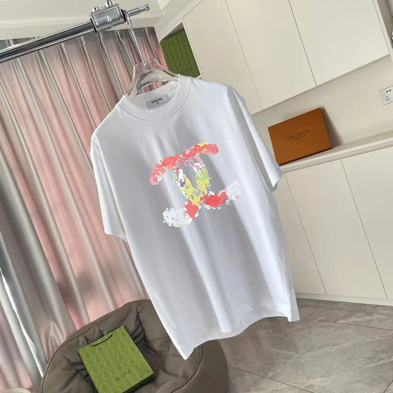 🅿️170 Chanel CHANEL2025 summer new style Double C letter logo printing short-sleeved T-shirt Customized fabric 300g Same style for men and women Size: S M L XL XXL five codes Color: black white pink lake green