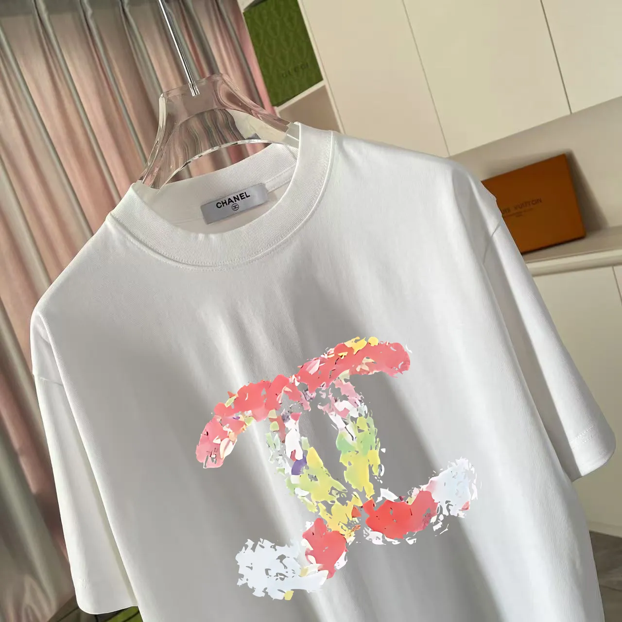 🅿️170 Chanel CHANEL2025 summer new style Double C letter logo printing short-sleeved T-shirt Customized fabric 300g Same style for men and women Size: S M L XL XXL five codes Color: black white pink lake green
