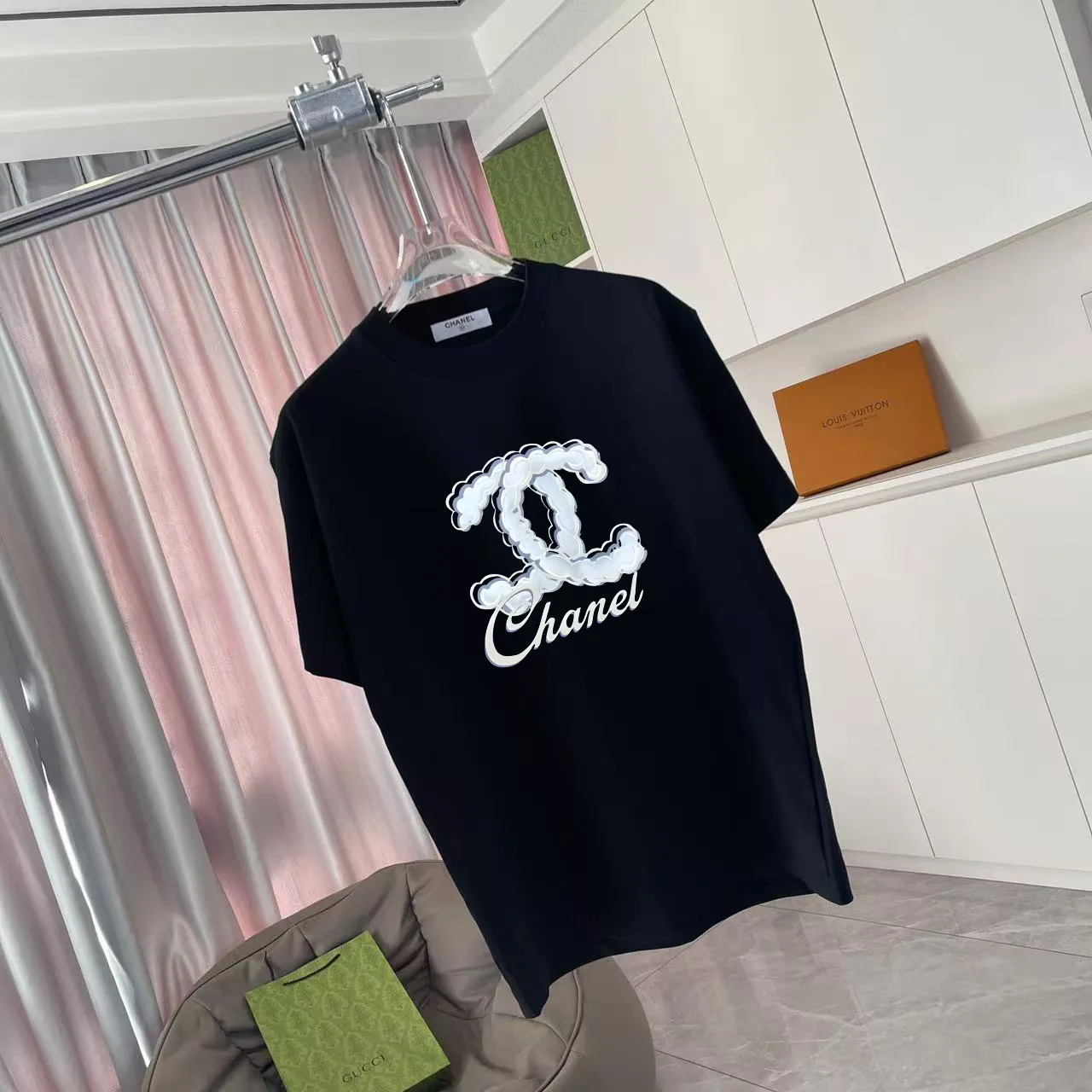 🅿️170 Chanel CHANEL 2025 summer new style Double C letter logo printing short-sleeved T-shirt Customized fabric 300g Same style for men and women Size: S M L XL XXL five sizes Color: black white lake green rose red