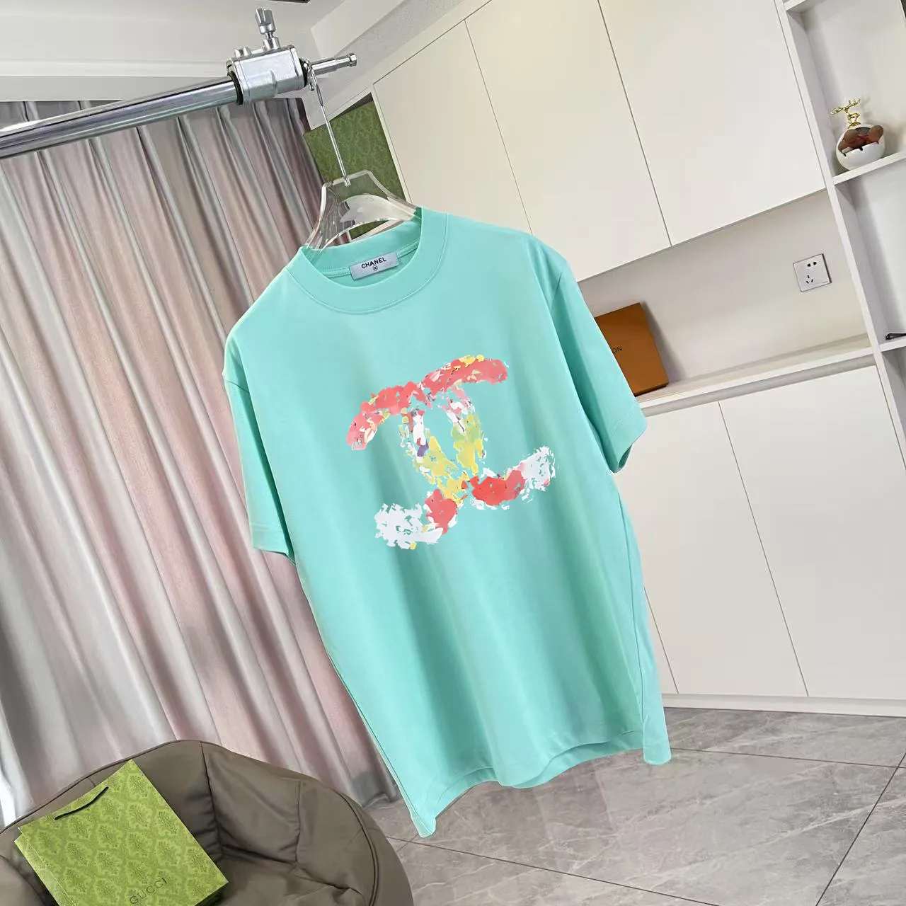 🅿️170 Chanel CHANEL2025 summer new style Double C letter logo printing short-sleeved T-shirt Customized fabric 300g Same style for men and women Size: S M L XL XXL five codes Color: black white pink lake green
